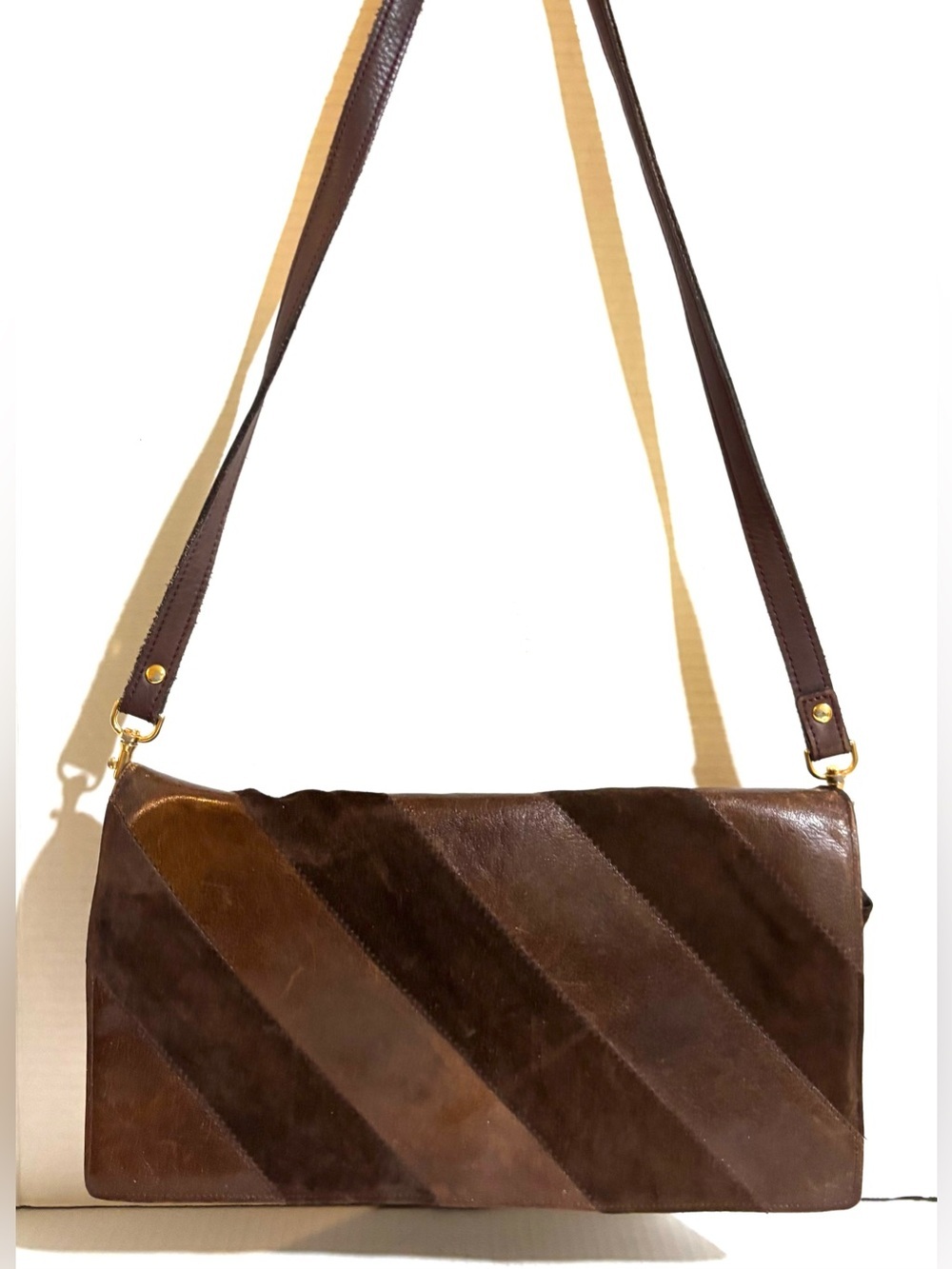 Bloomingdale’s vintage Brown Diagonal Patch Leather / suede Shoulder Bag